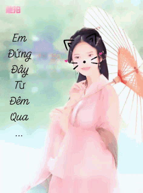 a woman in a pink dress holding an umbrella with the words em dang day tu dem qua written on the bottom