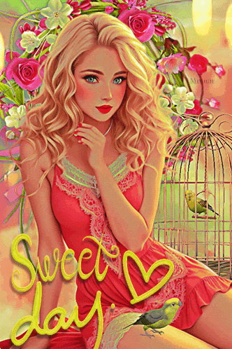 a woman in a pink dress sits next to a bird in a cage with the words sweet day on the bottom