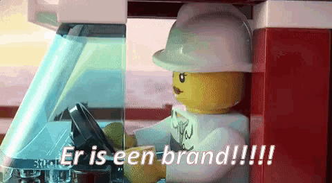 a lego figure is driving a car with the words er is een brand written on the bottom