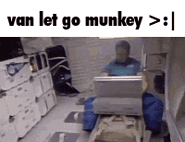 a man is sitting on a treadmill using a laptop computer and a caption that says van let go munkey > :