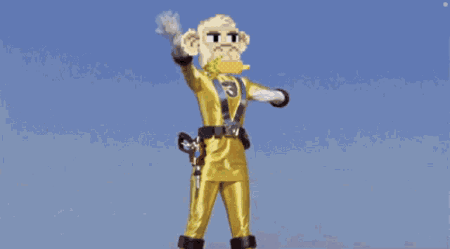 a pixel art of a man in a yellow superhero costume with the number 3 on his chest