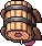 a pixel art drawing of a barrel with a purple tongue sticking out .