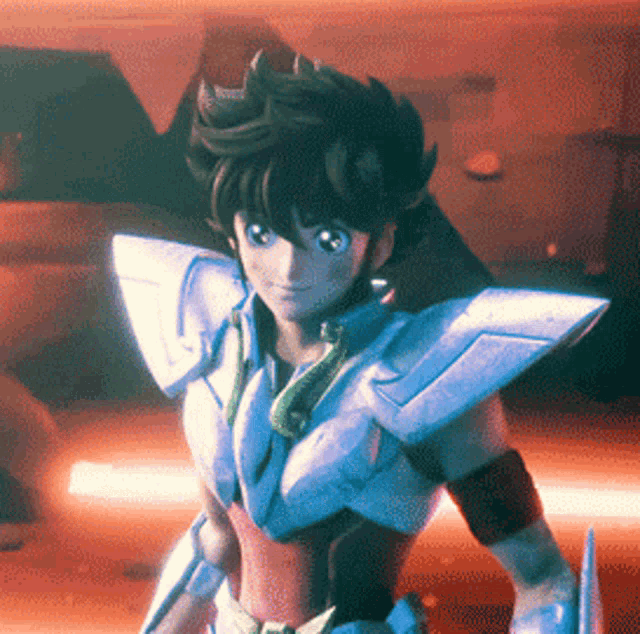 a cartoon character with a blue armor and a red shirt