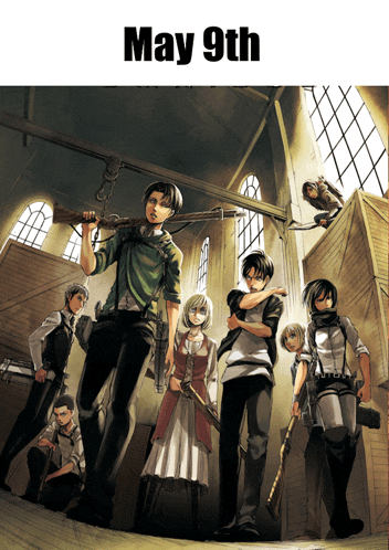 a group of anime characters standing in a room with the date may 9th on the bottom