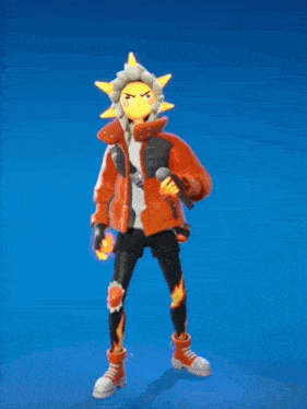 a man with a fire head is holding a flame in his hands