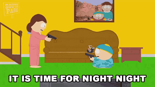 a south park cartoon shows a woman pointing a gun at a child