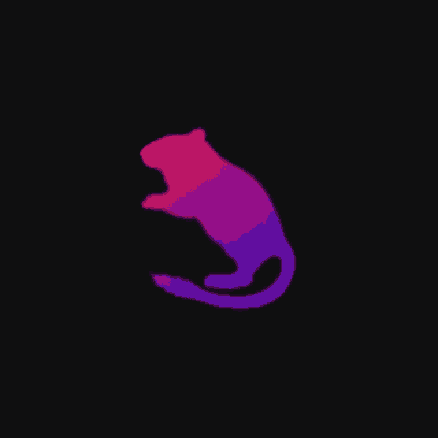 a purple and pink silhouette of a cat laying on its back on a black background .