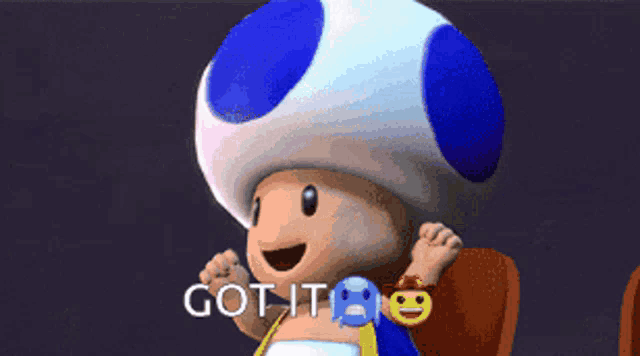 a toad with a blue hat is sitting in a chair with the words got it
