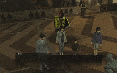a group of people are standing on a brick sidewalk and one of them is named crowd