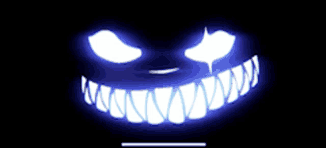 a glowing face with sharp teeth and glowing eyes on a black background