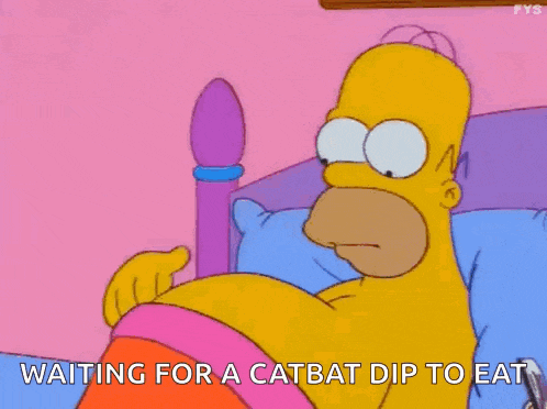homer simpson is laying in a bed waiting for a catbat dip to eat .