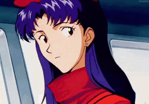 a close up of a cartoon girl with purple hair and a red sweater .