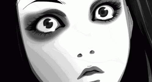 a black and white drawing of a girl 's face with big eyes