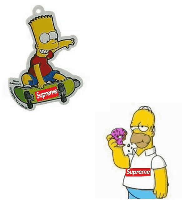 bart simpson is riding a skateboard and homer simpson is eating a donut with a supreme logo .