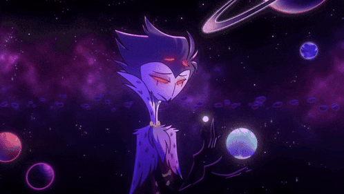 a cartoon character is standing in the middle of a galaxy with planets in the background .