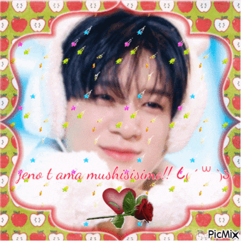 a picture of a boy with a red rose and the words " jeno t anta mushisima " on the bottom