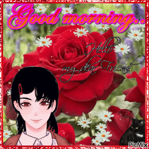 a picture of a girl surrounded by red roses says good morning