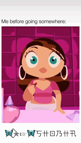 a cartoon of a woman applying lipstick with a caption that says me before going somewhere