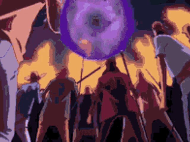 a group of people standing in front of a purple sphere
