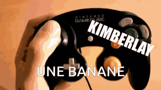 a person holding a nintendo gamecube controller with the words kimberlay une banane below it