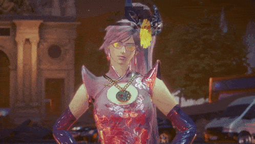 a woman with pink hair and purple gloves is wearing a purple dress