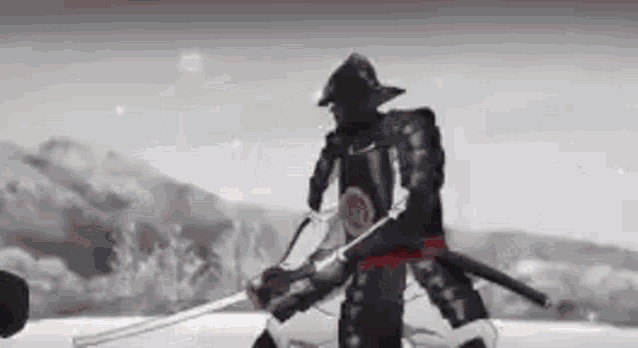 a black and white drawing of a samurai holding a sword in a snowy field .
