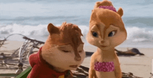a chipmunk and a chipmunk in a bikini are standing next to each other on a beach .