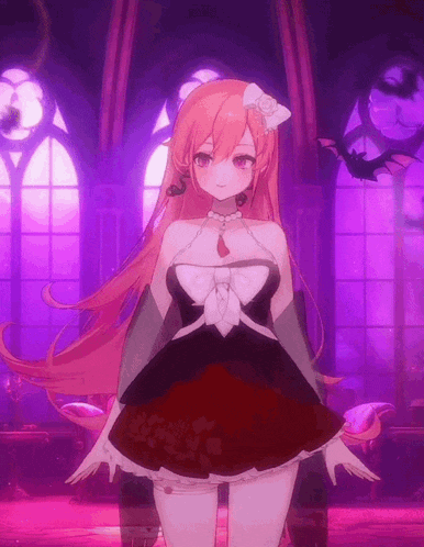 a girl with long pink hair is standing in a dark room