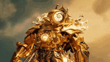 a golden robot with a clock on its head is standing in the sunlight .