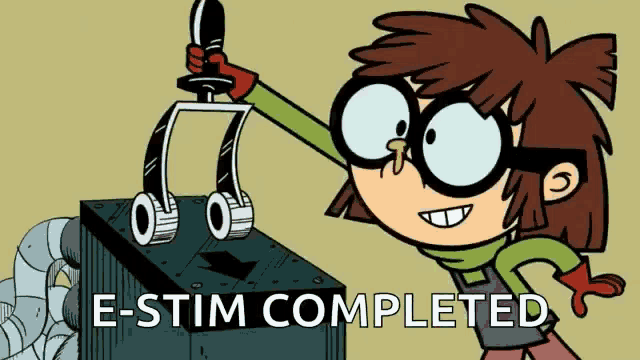 a cartoon character with glasses is holding a device with the words " e-stim completed " above her