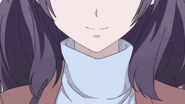 a close up of a girl 's face with purple hair and a blue turtleneck