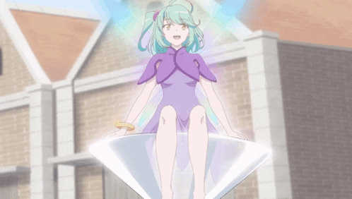 a girl with green hair and a purple cape is sitting on a diamond