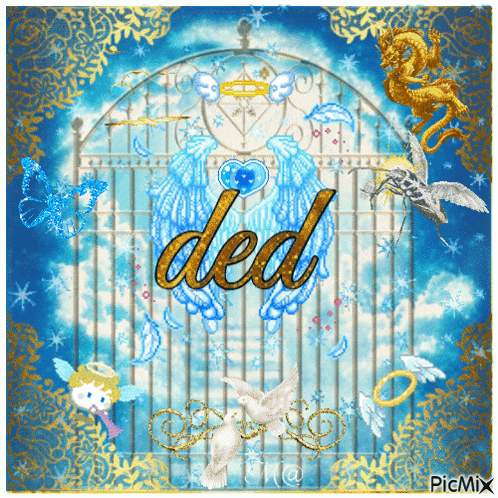 a picture of a gate with the word ded in gold
