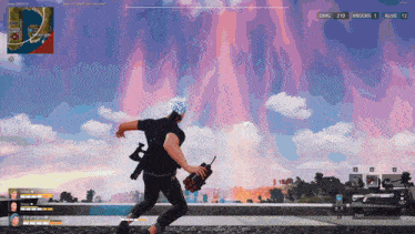 a screenshot of a video game shows a man running with a rocket launcher