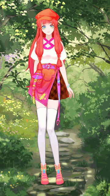 a girl with red hair and blue eyes is standing in a forest