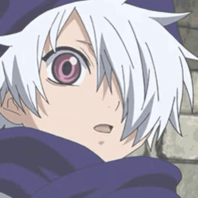 a close up of a person 's face with white hair and pink eyes .