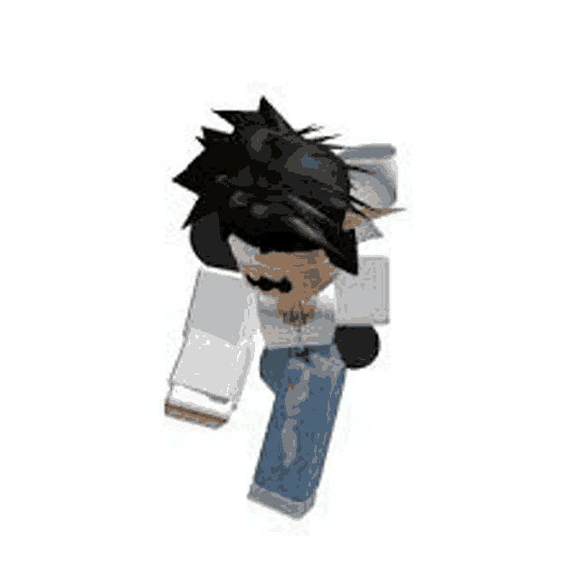 a roblox character with a mustache and sunglasses is walking .