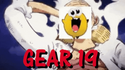 a cartoon of a man with a yellow smiley face and the words gear 19