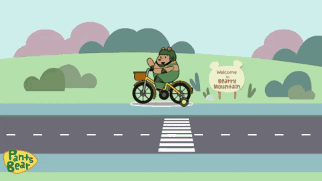 a cartoon of a bear riding a bike with a welcome to bearry mountain sign behind him