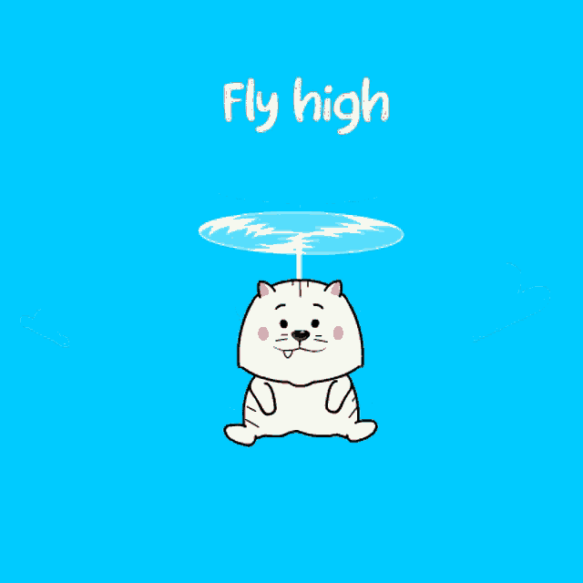 a cartoon dog with a helicopter on its head and the words fly high below it