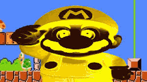 a yellow cartoon character with a m on his hat is holding a brick .