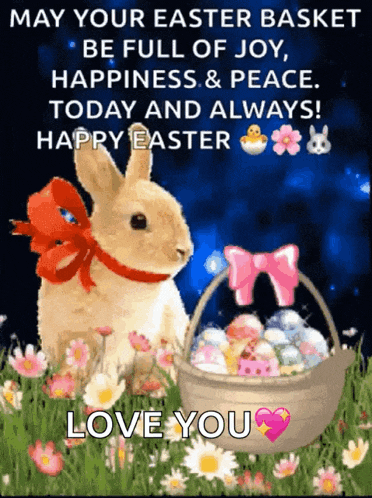 a picture of a bunny and a basket of easter eggs with the words " may your easter basket be full of joy "