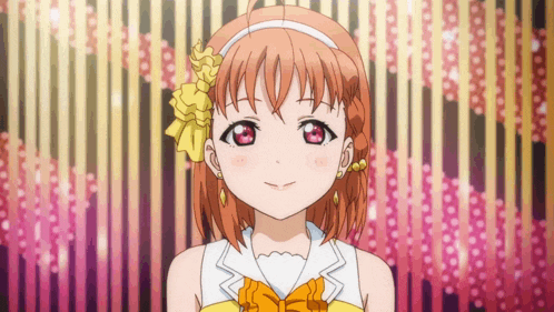 a girl with red eyes and a yellow bow on her hair