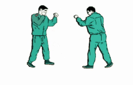 a drawing of two men standing next to each other with the letter r in the middle