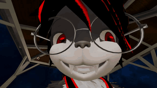 a close up of a cartoon character wearing glasses with red eyes