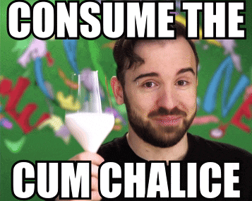 a man with a beard is holding a glass of milk and the caption says consume the cum chalice