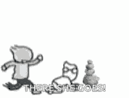 a cartoon of a man , a cat , and a snowman standing next to each other .
