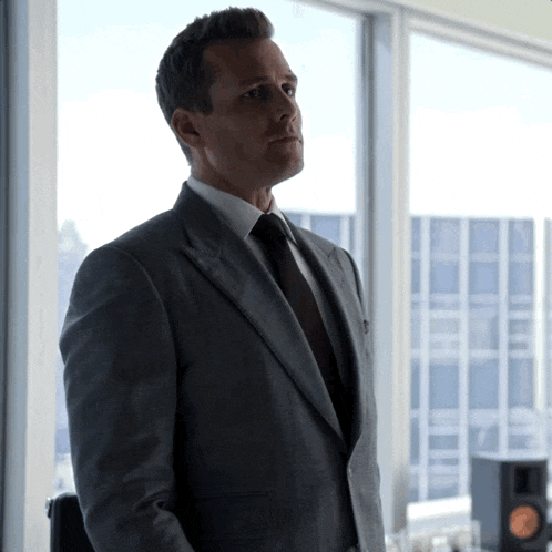a man in a suit and tie looks out a window