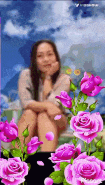 a video of a woman surrounded by pink roses with the word vidshow at the bottom