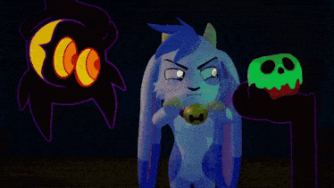 a cartoon rabbit with a bell around its neck is standing next to a glowing pumpkin